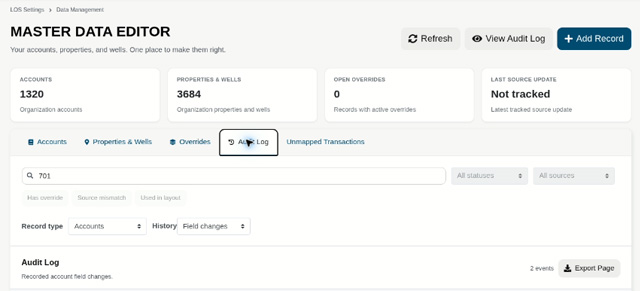 The Master Data Editor lets authorized users correct account, property, and well information directly in Upstream+, without editing and uploading an entire workbook for a single change.